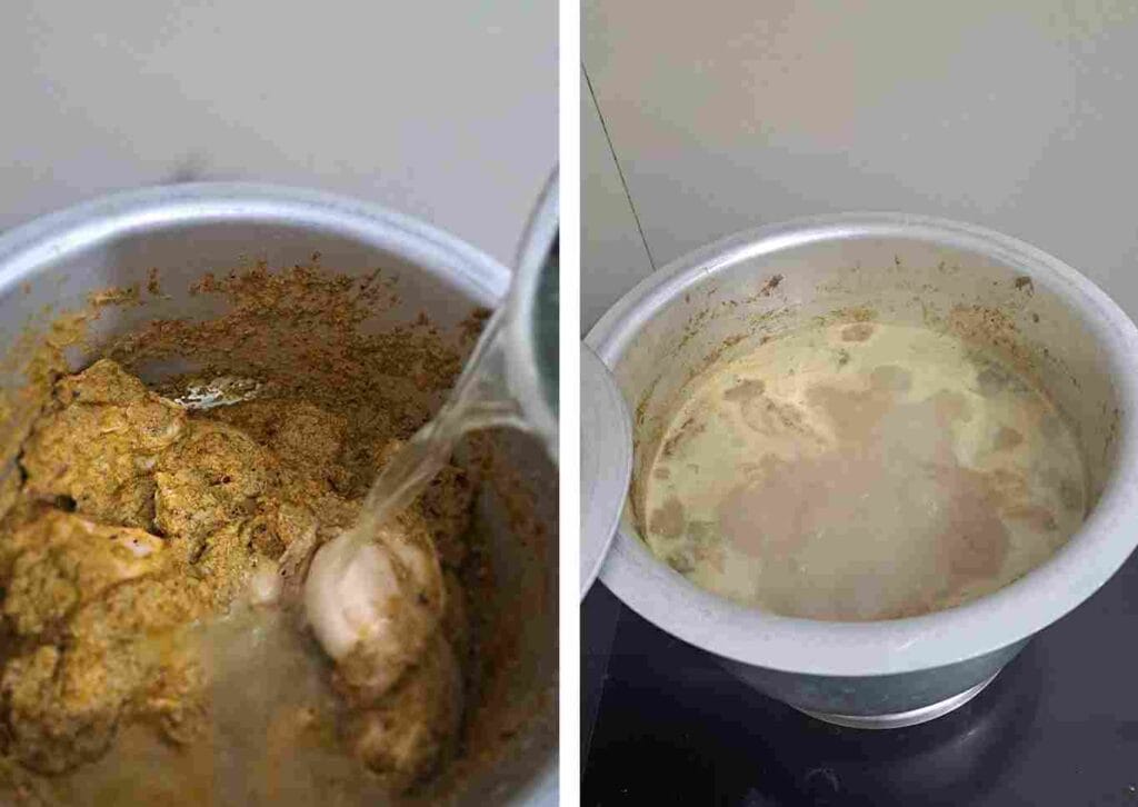 Adding water to cook chicken in masala while preparing authentic Thalappakatti dum chicken biryani.