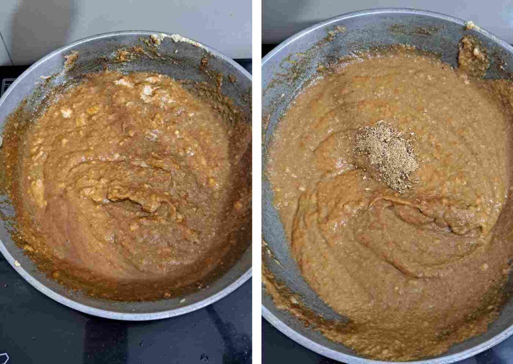 Coconut and palm jaggery mixture thickening on low flame with cardamom powder added for Thengai Therattipal recipe
