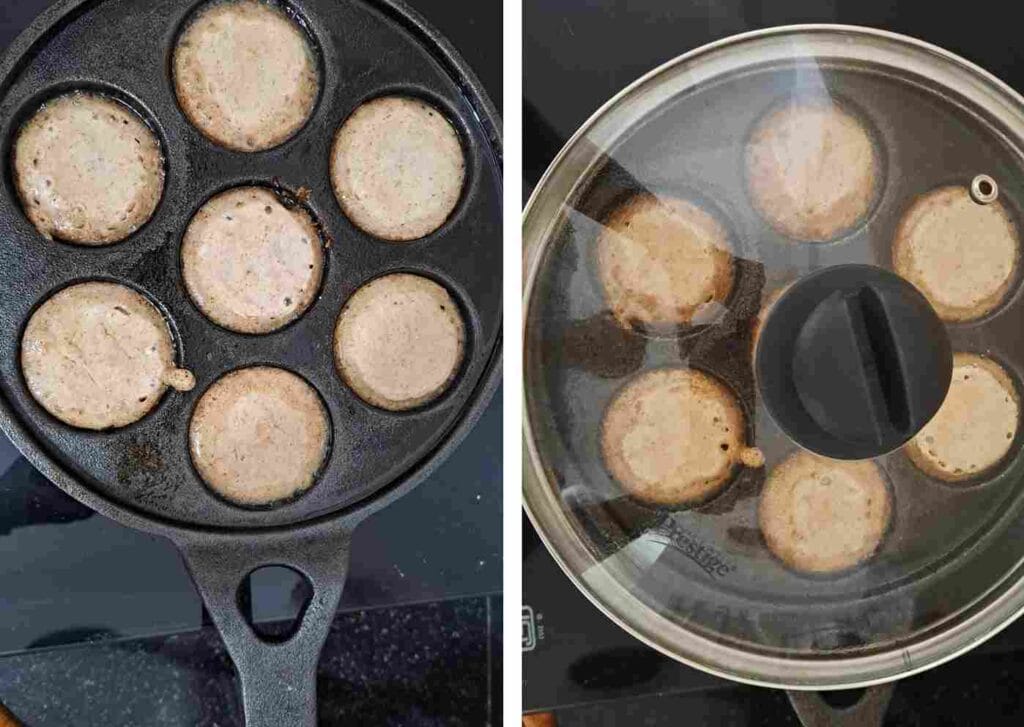 cooking sweet kuzhi paniyaram in kuzhi paniyaram pan with ghee