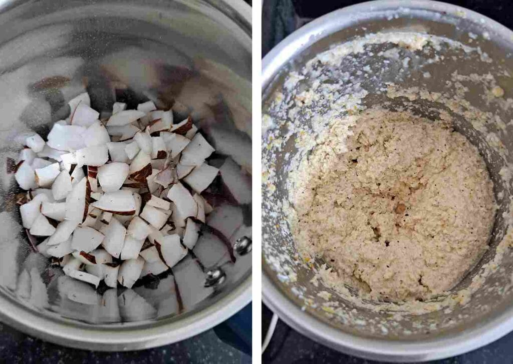 Fresh coconut pieces in a mixer jar and coarsely ground coconut moong dal paste for Thengai Therattipal recipe