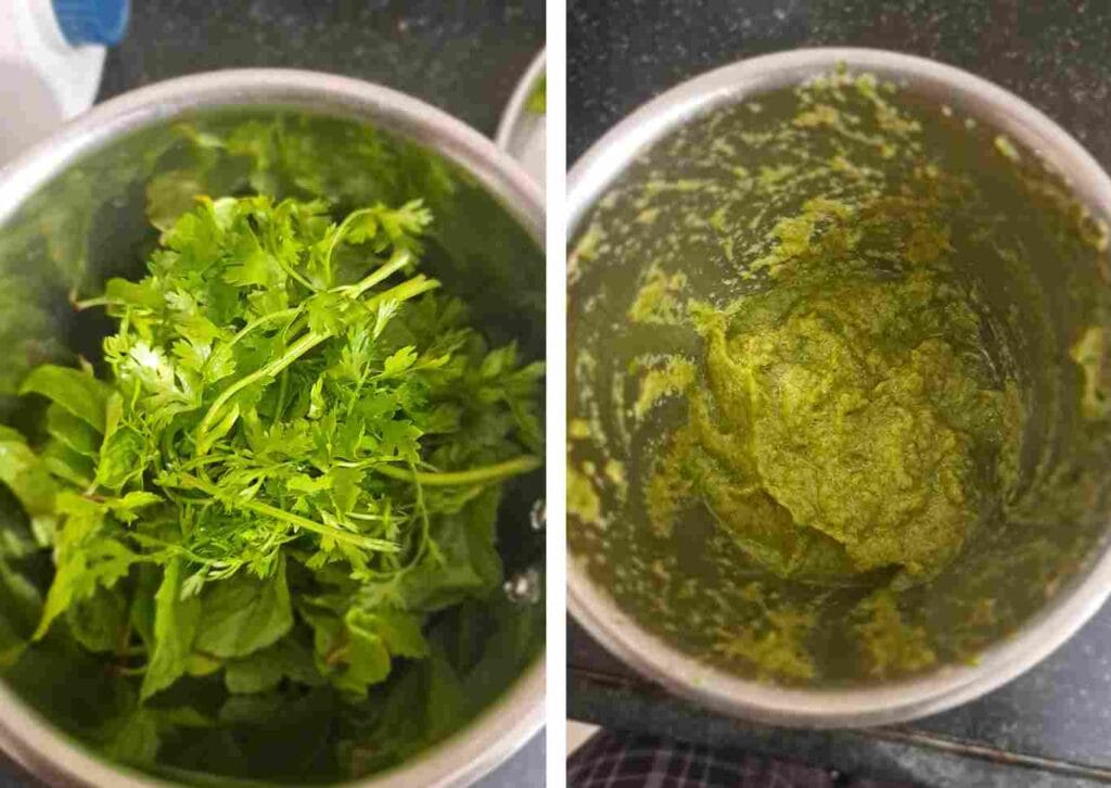 Grinding onions, garlic, ginger, green chillies, mint, and coriander leaves to make fresh paste for Thalappakatti dum biryani.