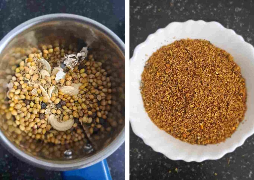 Grinding whole spices to make fresh Thalappakatti biryani masala powder for authentic Dindigul style dum biryani