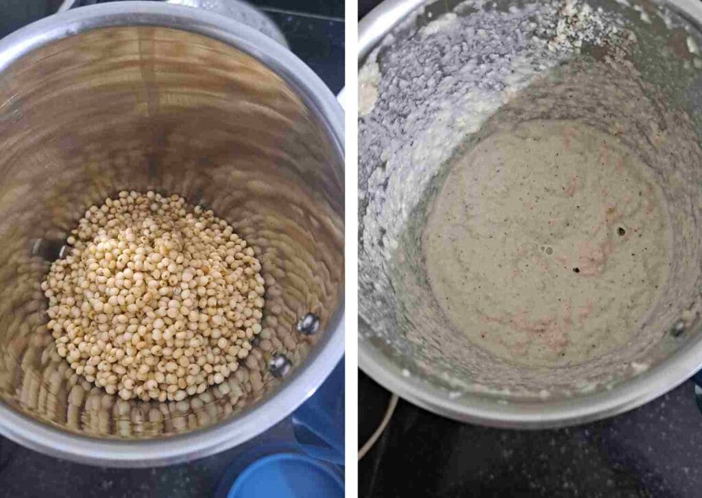 Grinding soaked jowar in mixer grinder to make millet dosa batter for healthy jowar dosa recipe