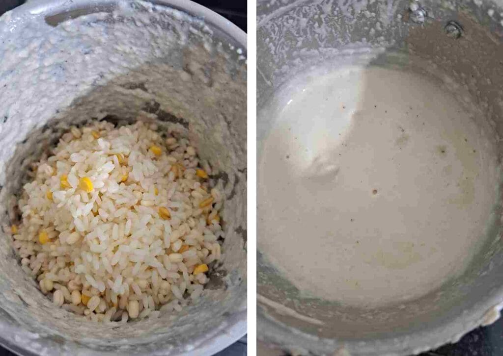 Grinding idli rice, urad dal, channa dal and fenugreek to make smooth batter for healthy jowar dosa recipe