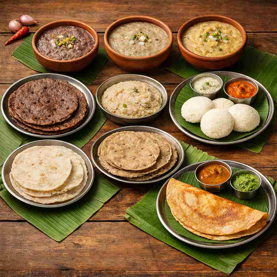 Traditional South Indian millet foods including ragi koozh, kambu koozh, cholam koozh, millet chapathi, millet dosa and idli served on banana leaf and steel plates.