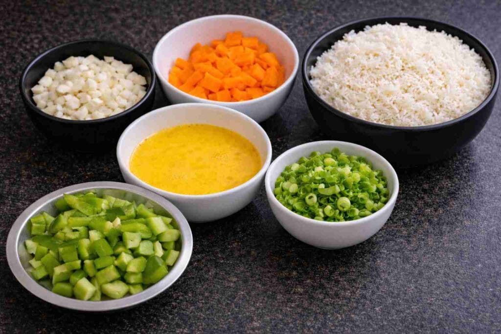 Ingredients for quick egg fried rice recipe including leftover white rice, carrot, capsicum, eggs, onion, garlic, and spring onions