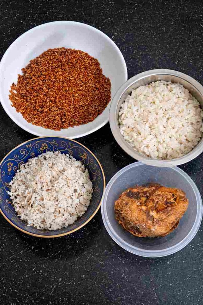 ingredients for sigappu arisi kuzhi paniyaram with red rice coconut aval and karupatti