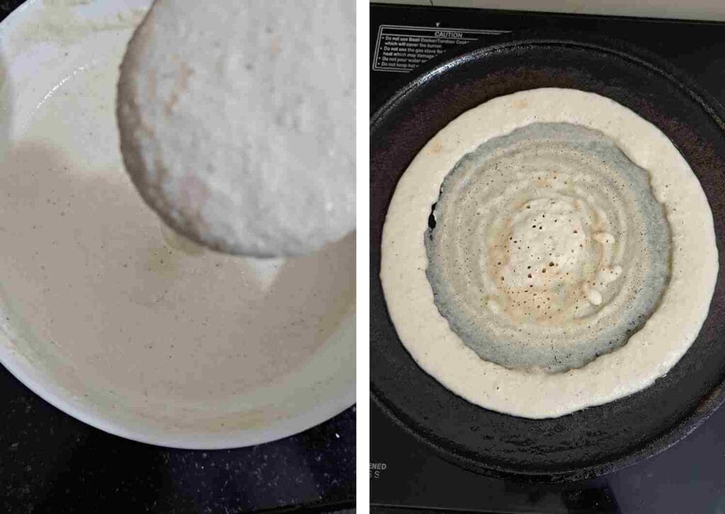 Pouring jowar dosa batter on tawa and spreading to make crispy millet dosa healthy jowar dosa recipe