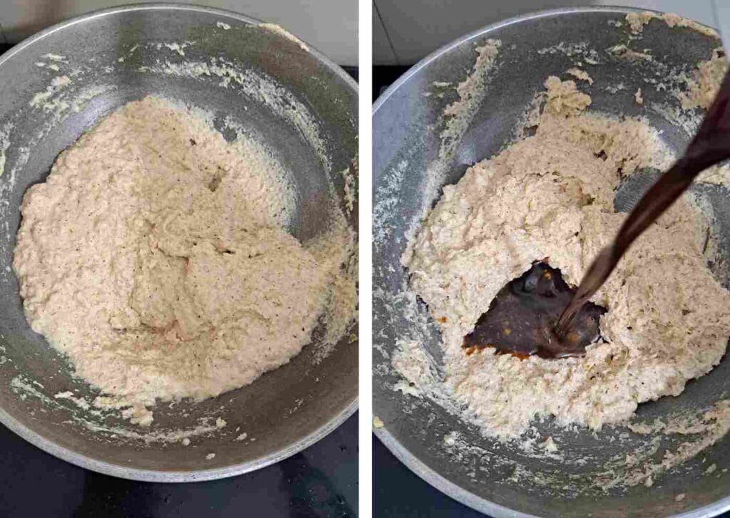 Coconut paste sautéed until moisture dries out and strained palm jaggery syrup being poured in for Thengai Therattipal