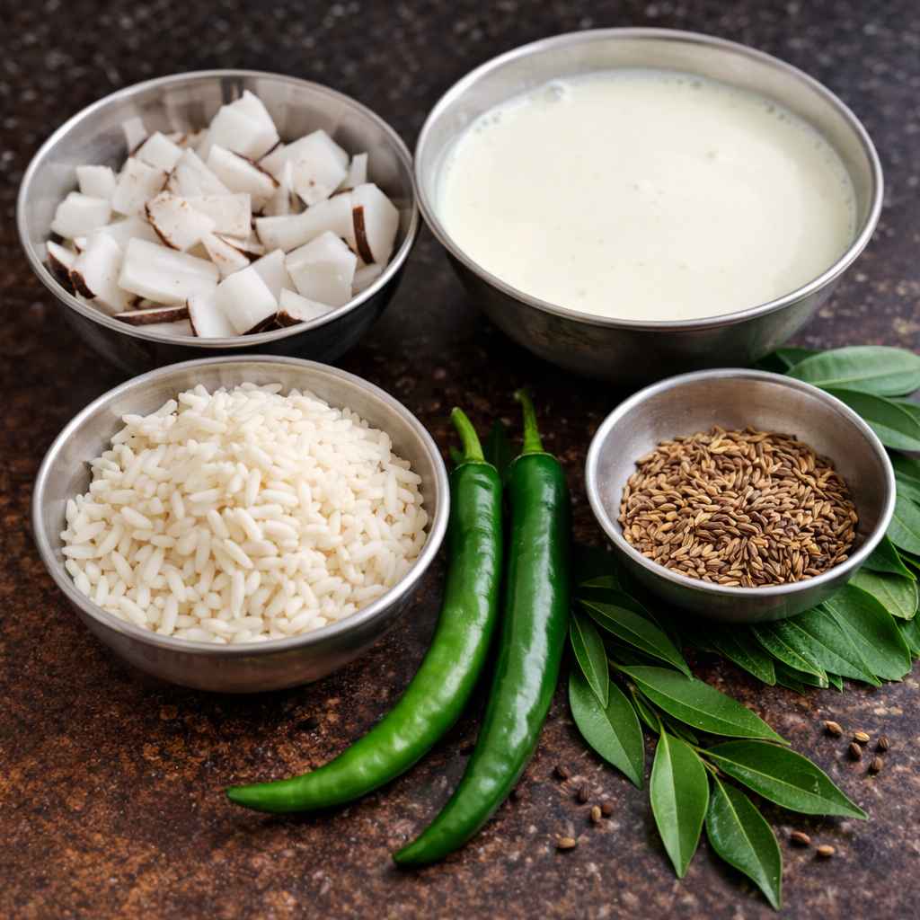 Ingredients for mor kulambu recipe including coconut, curd, cumin seeds, rice, and green chilies used in Tamil mor kuzhambu