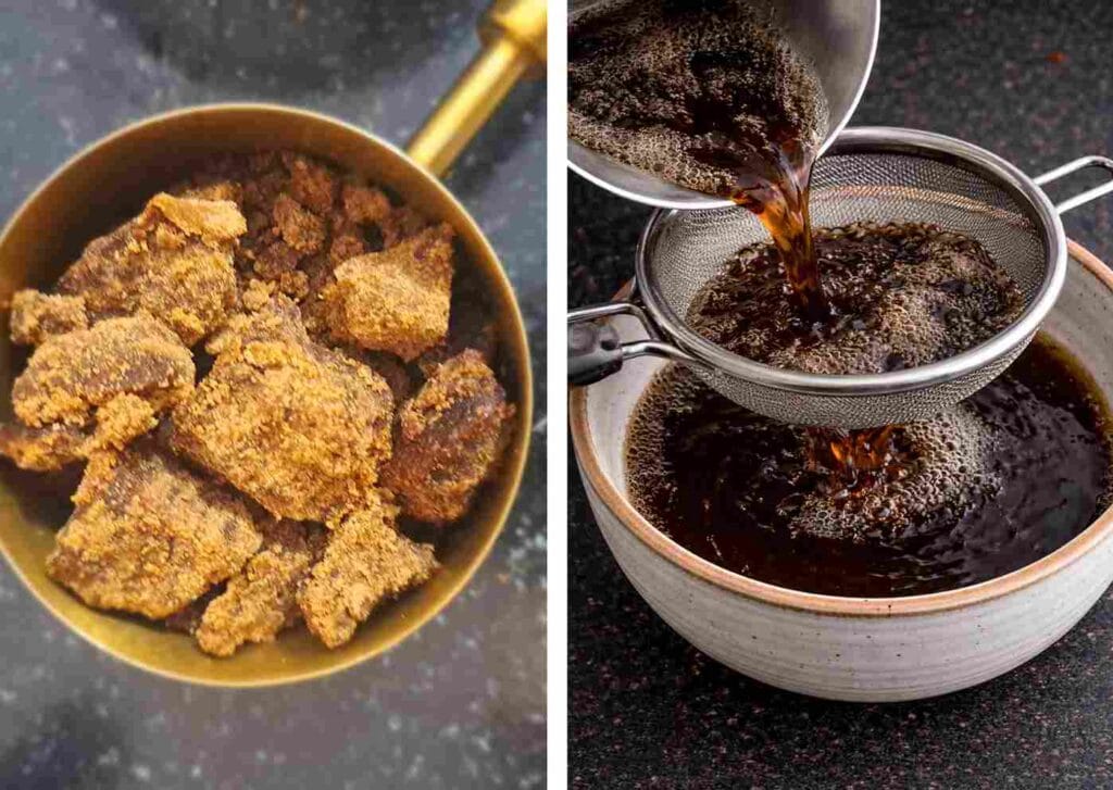 Palm jaggery pieces melting in water and being strained through a sieve for Thengai Therattipal recipe