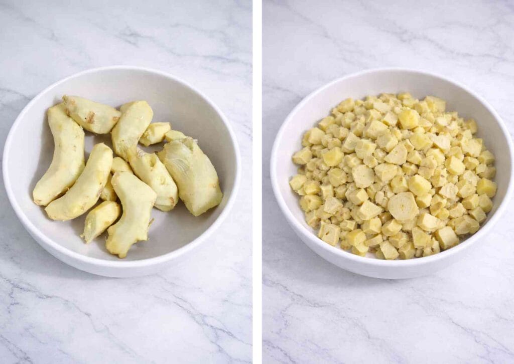 Peeled and chopped ginger prepared for homemade ginger garlic paste | இஞ்சி பூண்டு விழுது preparation
