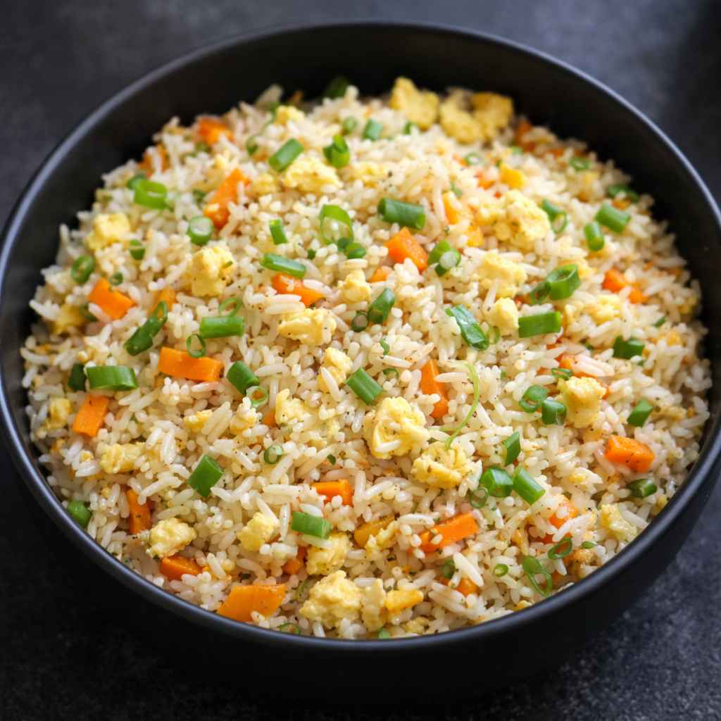 Quick egg fried rice recipe made with leftover white rice, vegetables, and scrambled eggs