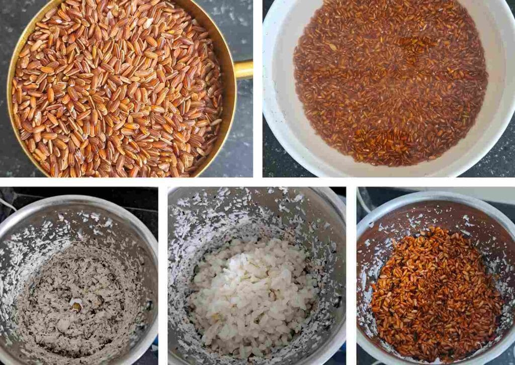 red rice soaking for sweet kuzhi paniyaram batter preparation