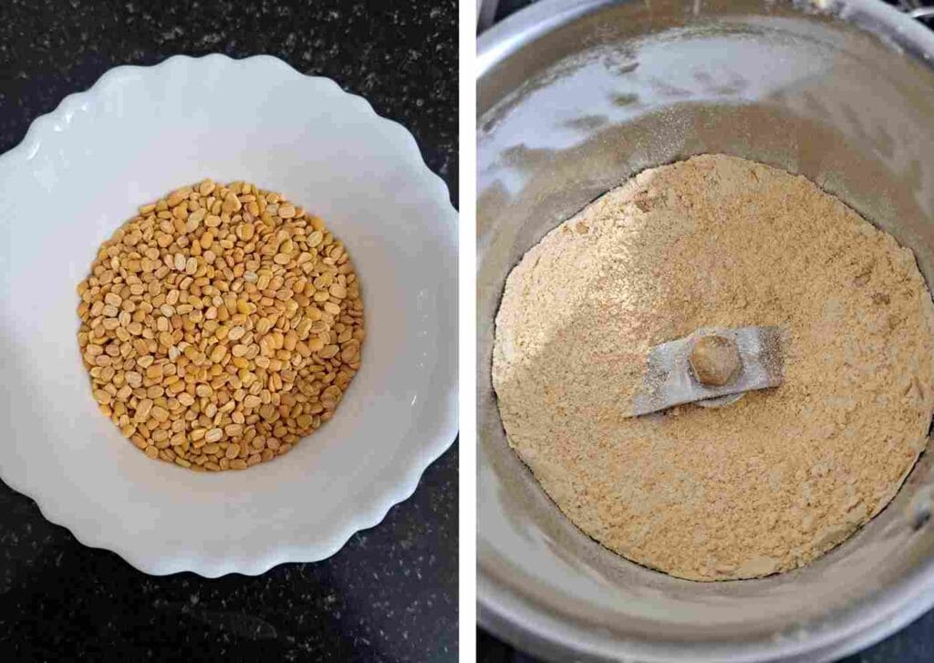 Roasted moong dal in a white bowl and freshly ground moong dal powder in a mixer jar for Thengai Therattipal recipe