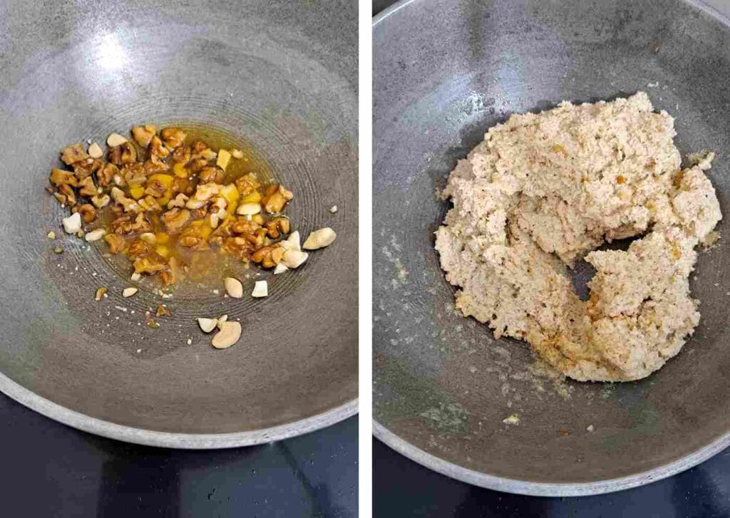 Walnuts and cashews roasting in ghee in a pan and ground coconut paste being sautéed for Thengai Therattipal