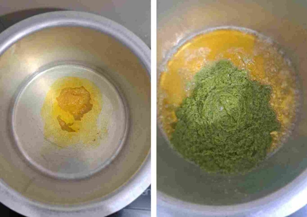 Adding ghee and sautéing coarsely ground onion masala paste while preparing authentic Thalappakatti dum biryani.