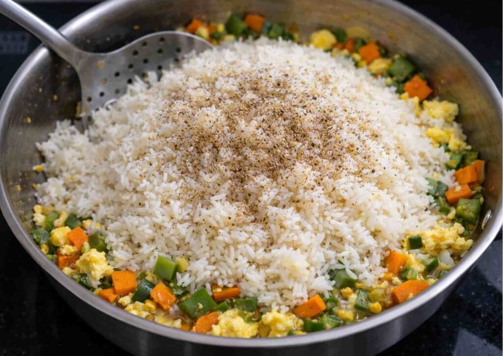 Black pepper sprinkled over leftover rice for quick egg fried rice recipe