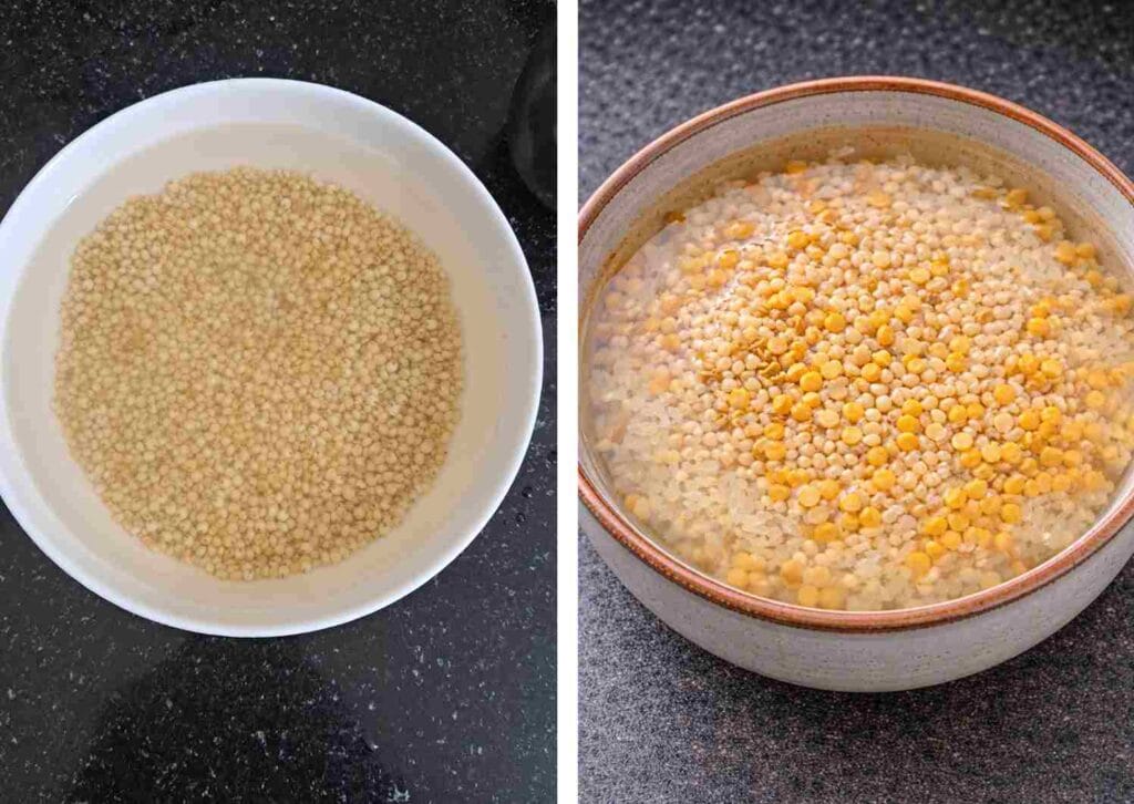 Soaking jowar, idli rice, urad dal and fenugreek for healthy jowar dosa batter preparation step