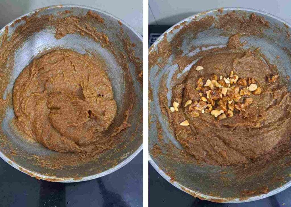 Thengai Therattipal cooked to thick halwa consistency with ghee roasted walnuts and cashews folded in to finish