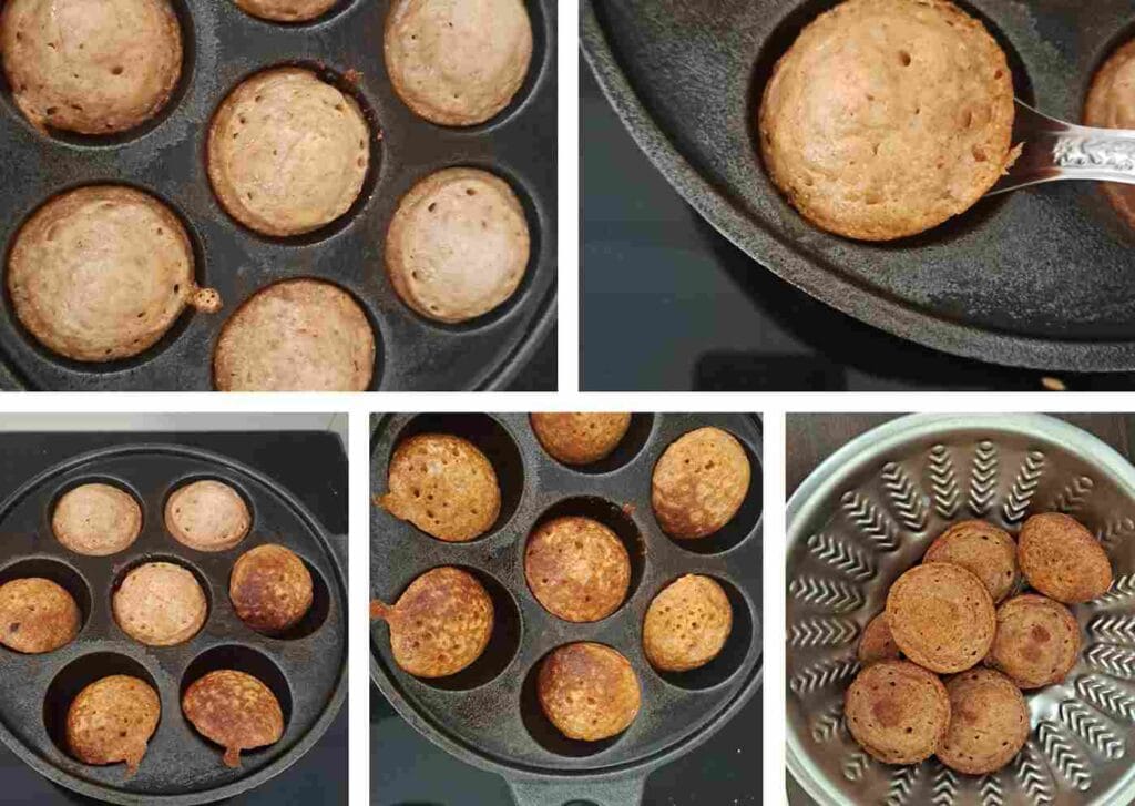 turning sweet kuzhi paniyaram in paniyaram pan until golden brown