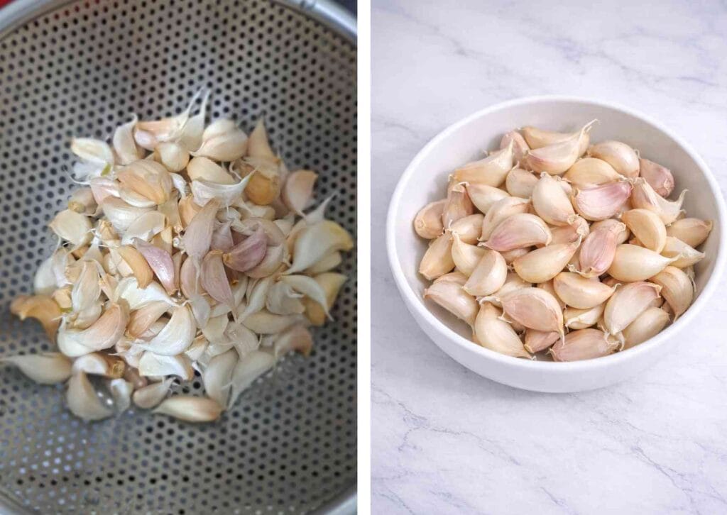 Washed garlic cloves with papery skin used for homemade ginger garlic paste | இஞ்சி பூண்டு விழுது preparation