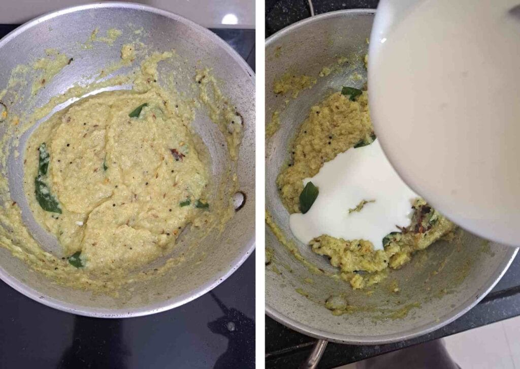 adding buttermilk to coconut base for mor kulambu recipe tamil style mor kuzhambu