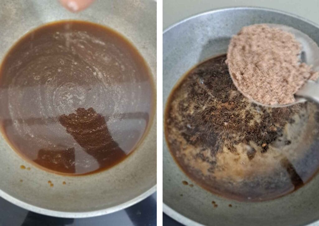 Adding roasted ragi and rava mixture into palm jaggery syrup for ragi burfi recipe