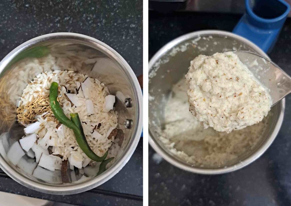 grinding coconut rice green chilli and cumin seeds for mor kulambu recipe coconut paste