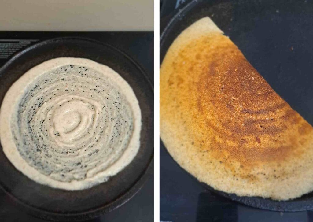 Crispy kollu dosa prepared from fermented horse gram idli batter cooked on dosa tawa