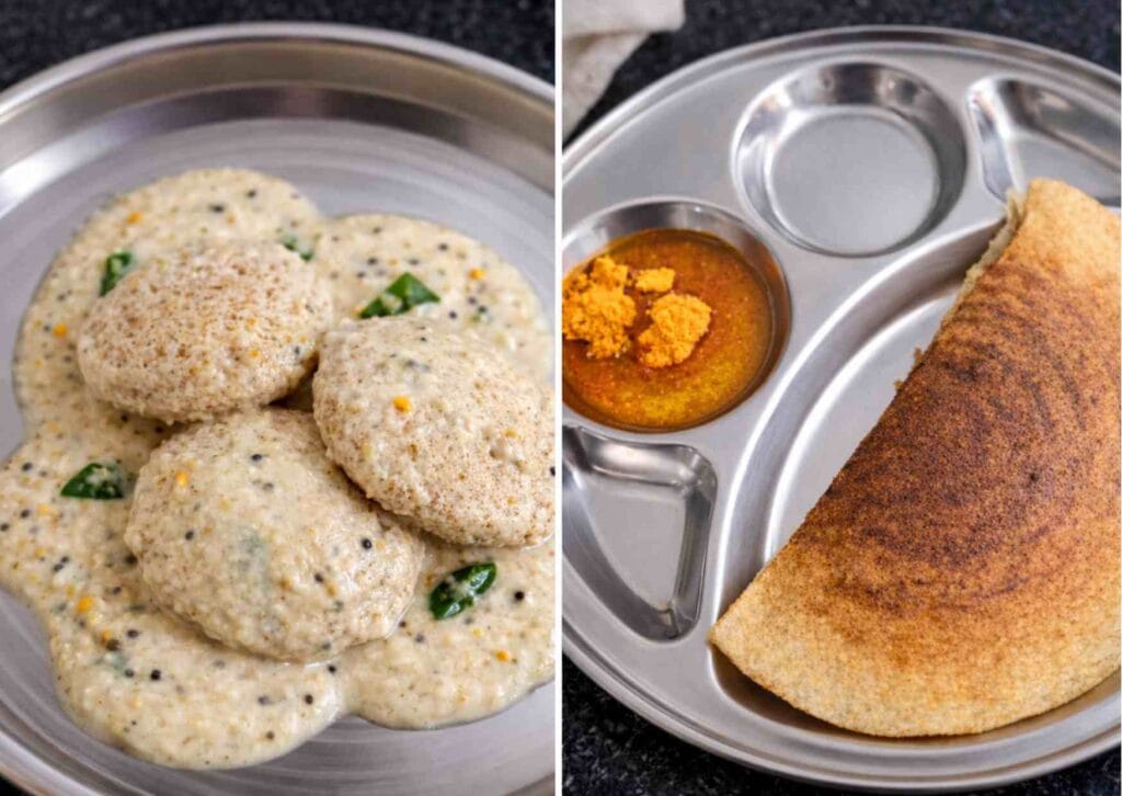 Soft kollu idli and crispy kollu dosa made from fermented horse gram batter served as healthy breakfast
