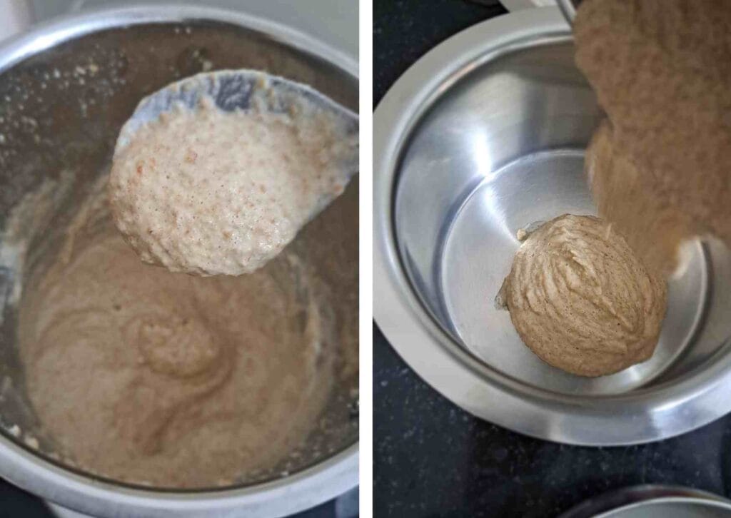 Ground horse gram batter being prepared in a mixer grinder to make kollu idli batter for soft horse gram idli