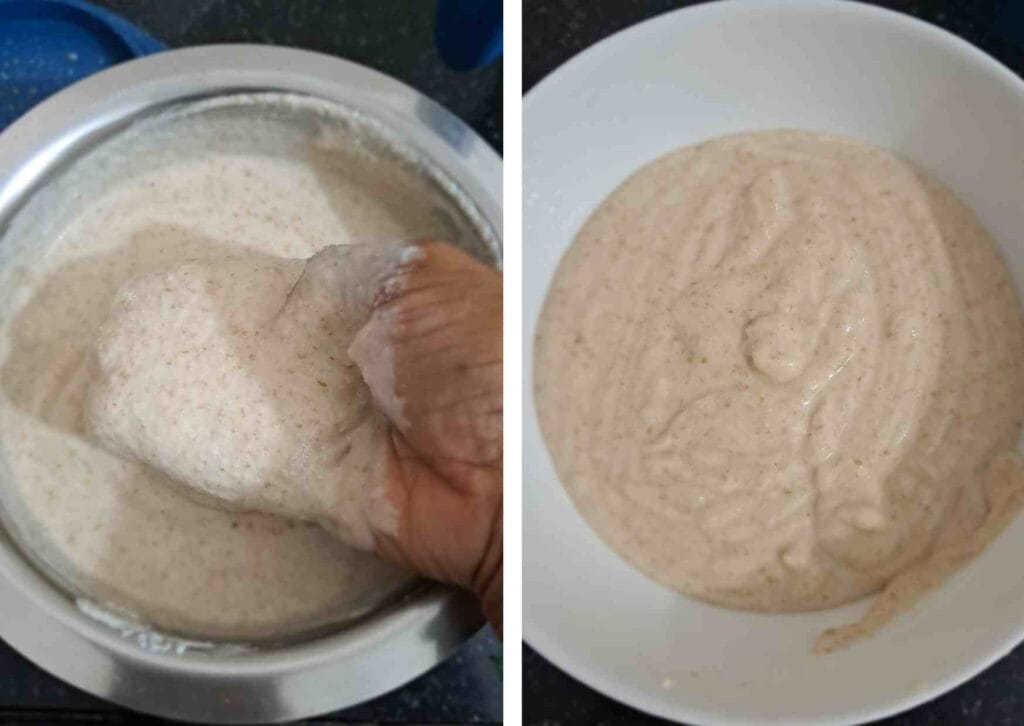 Mixing kollu idli batter with hands after grinding horse gram, rice and urad dal to prepare batter for fermentation