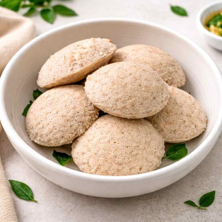 Soft kollu idli made with fermented horse gram batter served in a bowl as a healthy protein rich breakfast