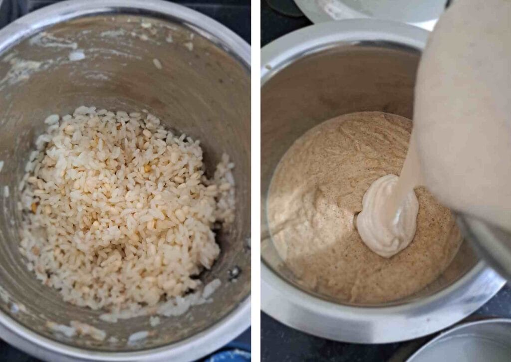 Grinding soaked idli rice, urad dal, and fenugreek to prepare batter and mixing it with ground horse gram for kollu idli batter