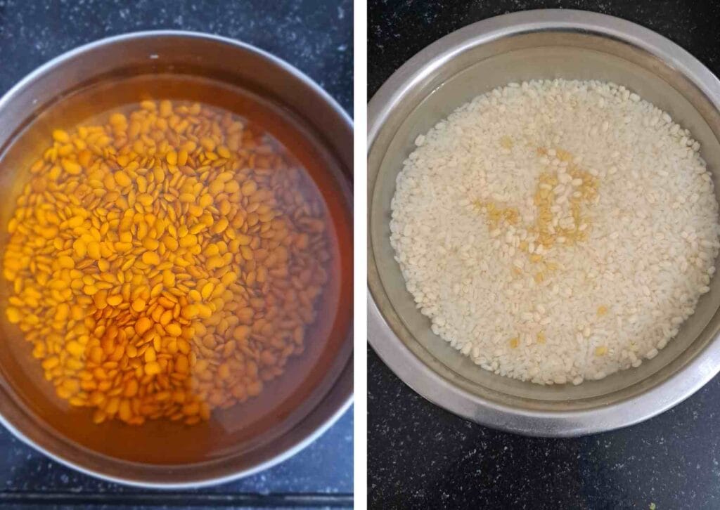 Soaking horse gram (kollu), idli rice, urad dal, and fenugreek seeds in water to prepare kollu idli batter