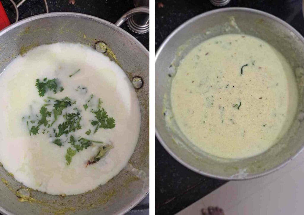 garnishing mor kulambu with coriander leaves tamil style mor kuzhambu recipe