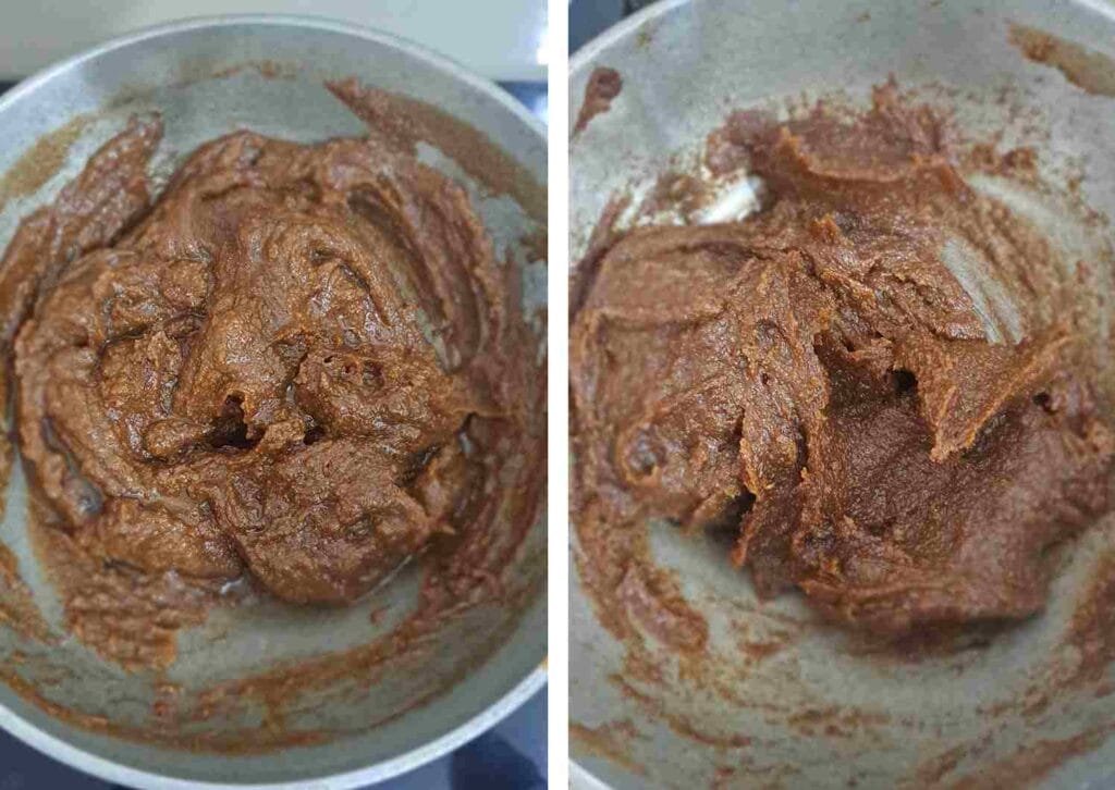 Thick ragi burfi mixture leaving the pan while cooking with palm jaggery