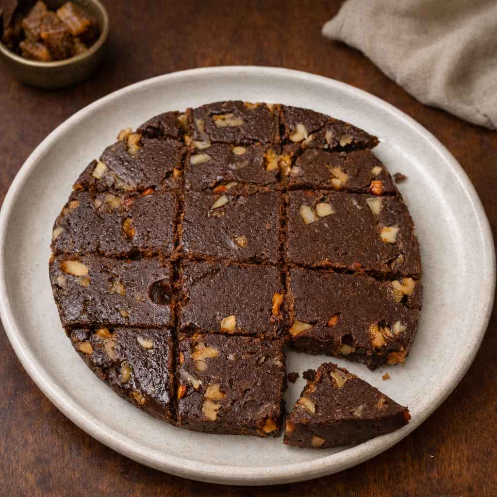 Soft ragi burfi with palm jaggery cut into squares with cashews and walnuts