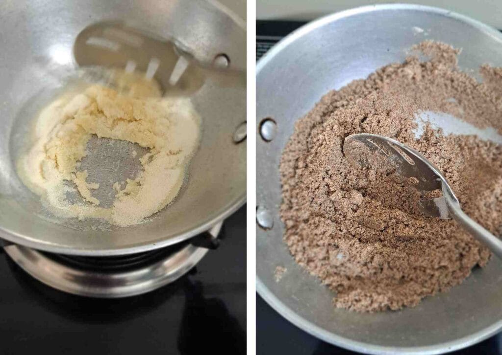 Roasting ragi flour with rava in a pan while making ragi burfi recipe