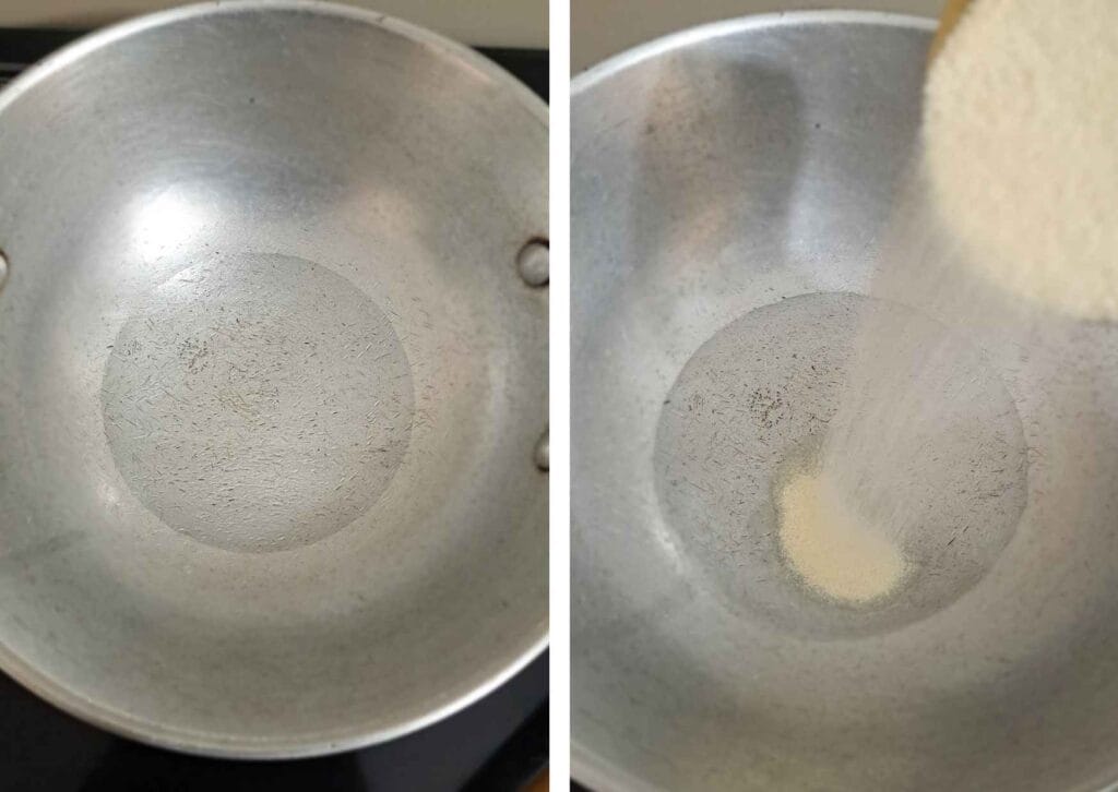 Roasting rava in coconut oil in a pan for making ragi burfi recipe