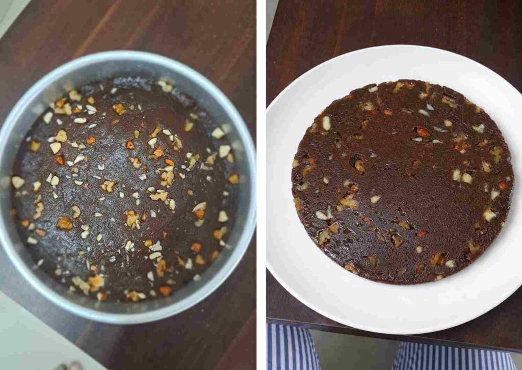 Set ragi burfi with palm jaggery topped with chopped nuts ready to cut