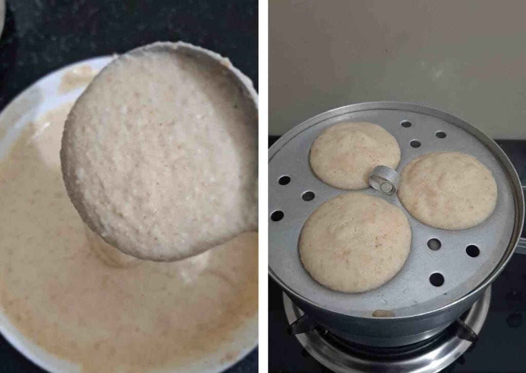 Pouring fermented kollu idli batter into idli mould and steaming to make soft horse gram idli