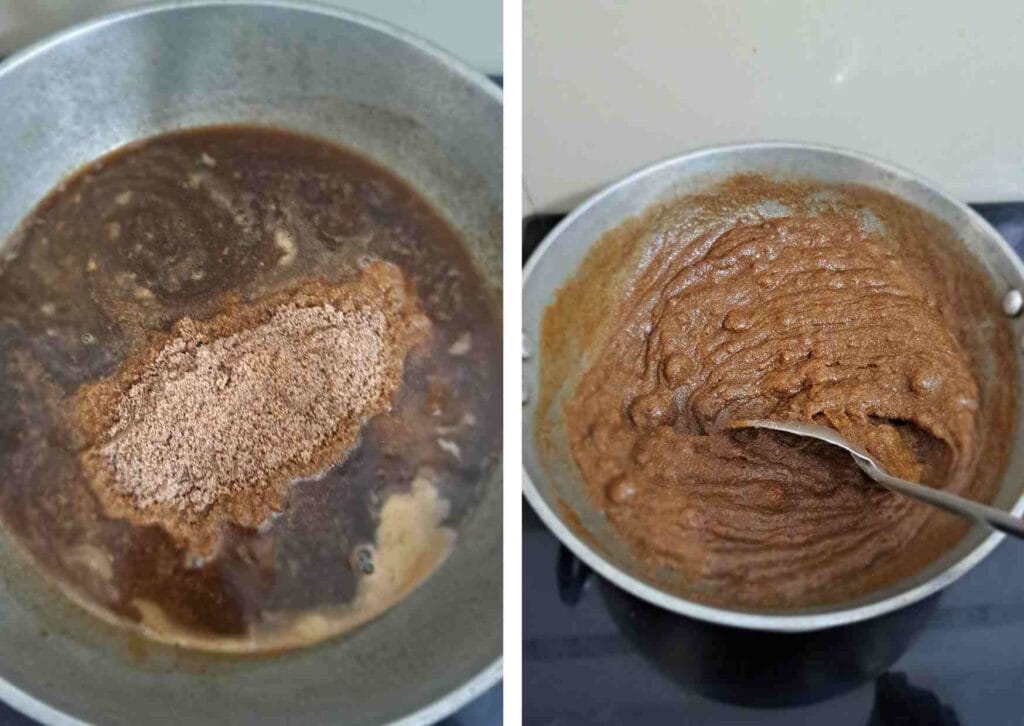 Ragi burfi mixture thickening in pan while cooking with palm jaggery