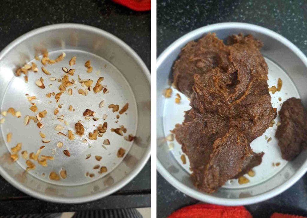 Ragi burfi mixture with palm jaggery transferred to tray with cashews and walnuts