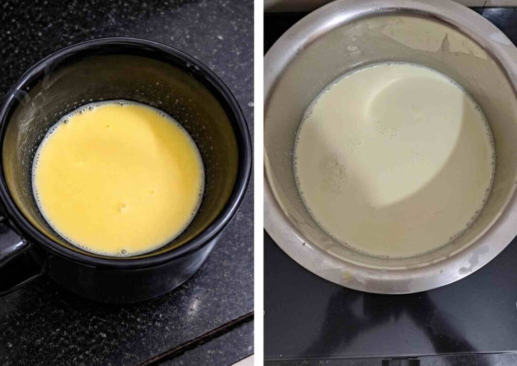 Adding pineapple essence to coconut milk mixture for coconut pudding without agar agar for enhanced flavor and color