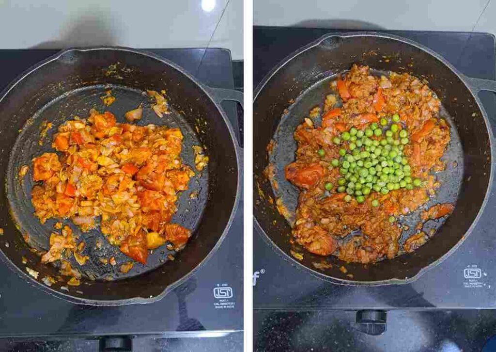 Cooked masala with onion tomato and adding green peas for soya kheema pattani masala quick side dish for chapathi
