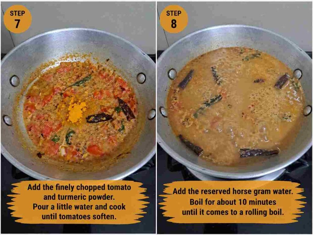 Chopped tomatoes cooking with spices in a pan alongside a simmering kollu rasam with visible chillies and curry leaves
