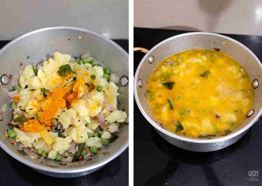 adding mashed potatoes turmeric and water to cook potato peas masala for poori