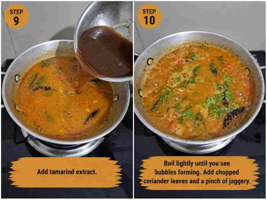 Tamarind extract being poured into kollu rasam with a bubbling surface topped with fresh coriander leaves in a pan